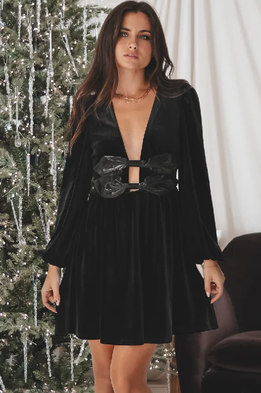 She Has Class Black Velvet Low V Neckline Bow Mini Dress Classic Solid Mini Dress