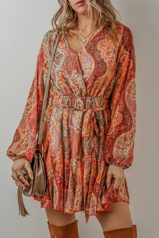 Boho Pleated Belted Mini Dress Cozy Wraparound Mini Dress