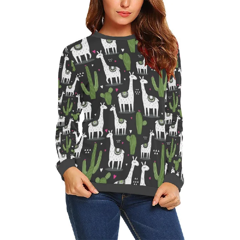 Cactus Llama Pattern Print Women's Sweatshirt Hoodie with Contrast Stitching Detailed Premium