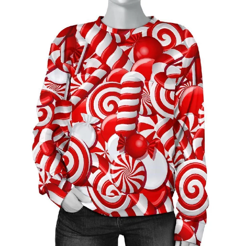 Candy Cane Print Pattern Women's Sweatshirt Hoodie with Hem Frayed Vintage Worn