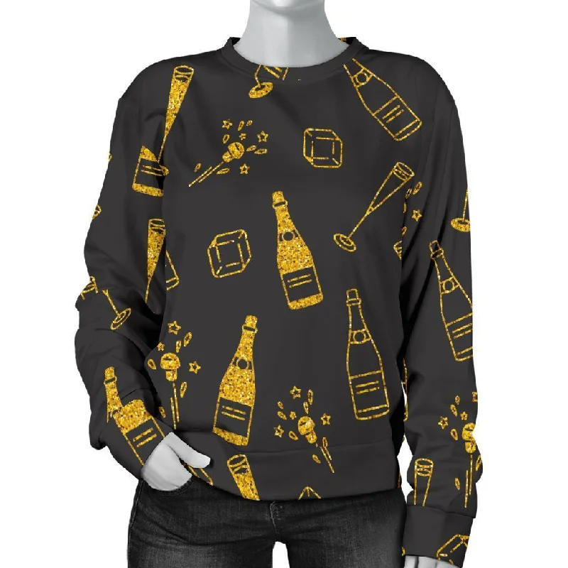 Champagne Gold Glitter Pattern Print Women's Sweatshirt Hoodie with Button Placket Classic Preppy