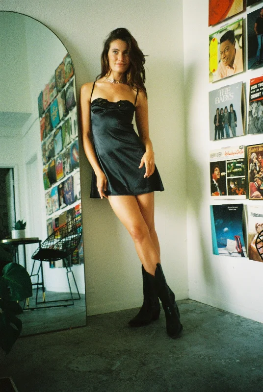 Desert Daze Satin Slip Mini Dress In Black - Restock Fashionable Mini Dress with Slits