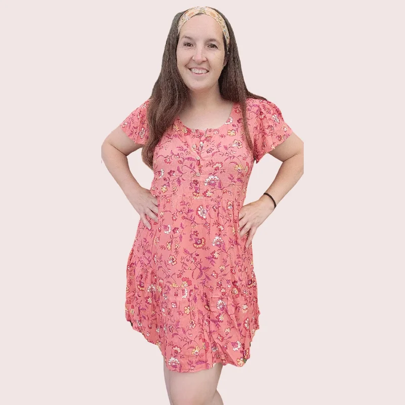 Coral Boho Floral Mini Dress - Effortlessly Flowy and Versatile Cozy Long Sleeve Mini Dress