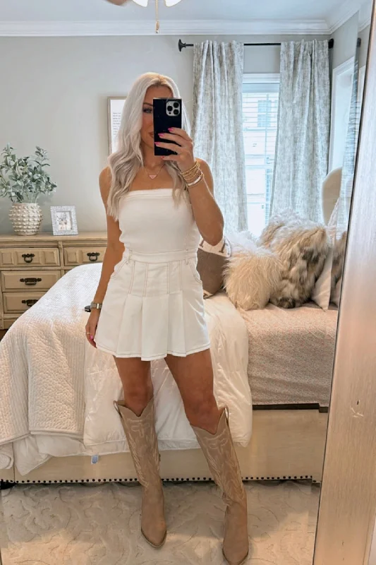 Cream Strapless Denim Pleated Mini Dress Chic Sleeveless Mini Dress