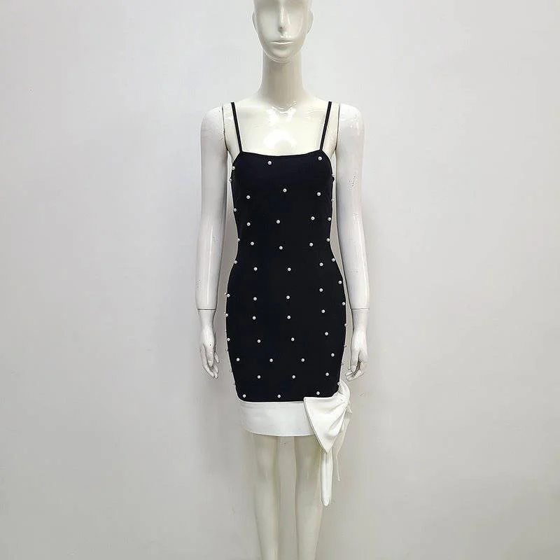 Dolly Spaghetti Strap Pearl Detail Two Toned Mini Dress Chic Puff Sleeve Mini Dress