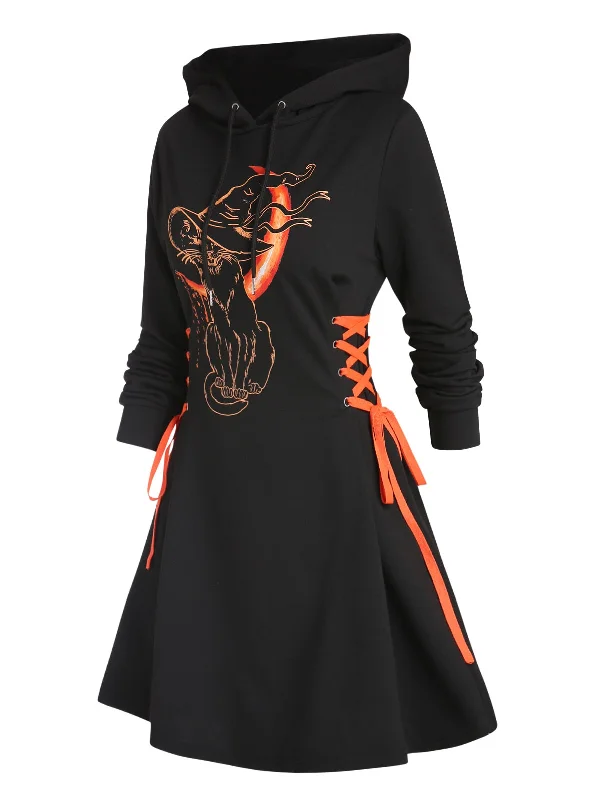 Women Gothic Hooded Dress Slight Stretch Sweatshirt Dresses Cat Hat Moon Print Tie Long Sleeve A-Line Mini Casual Dress Hoodie with Thumb Holes Functional Cozy