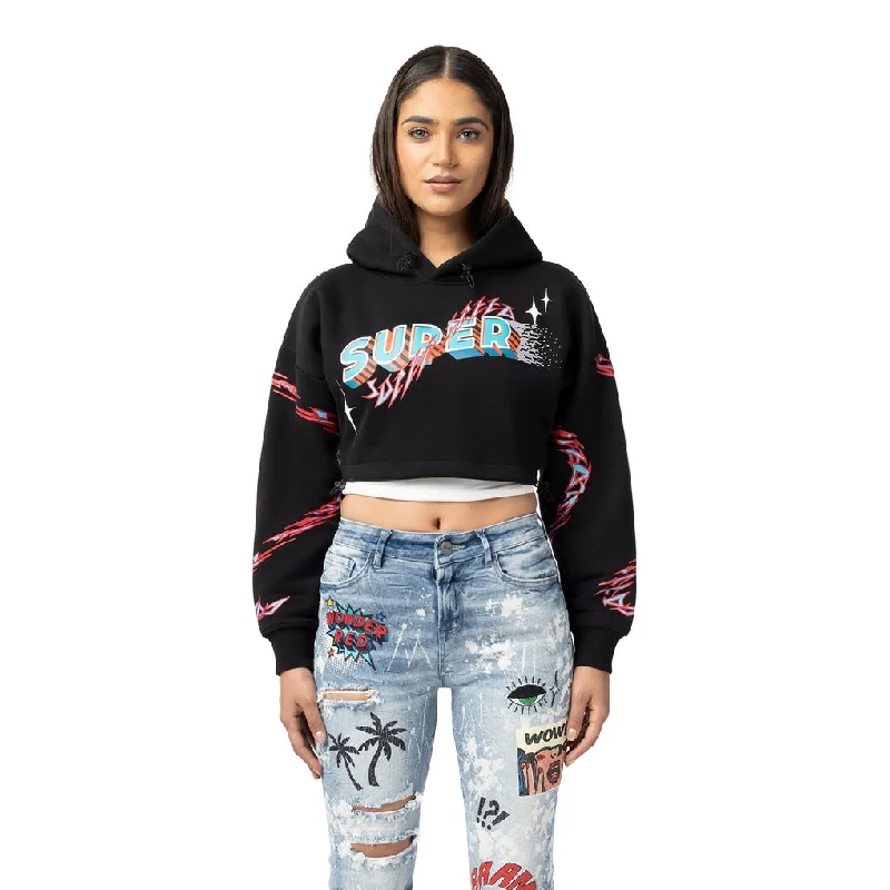 Dropped Shoulder Cropped Hoodie - Black Hoodie with High-Low Hem Asymmetrical Trendy