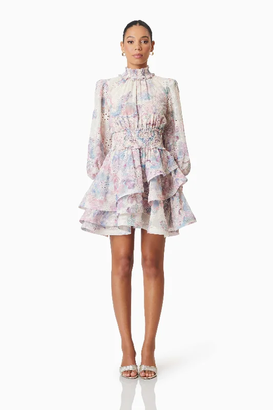 Elliatt Circle Long Sleeve Mini Dress - Multi Comfortable Smocked Mini Dress