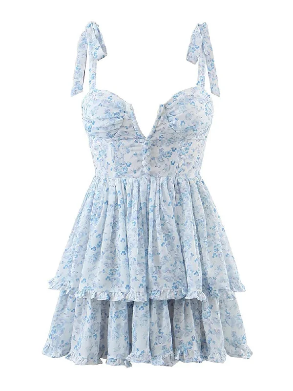 Zjkrl - Fashion Women Spaghetti Strap Ruffle Cake Chiffon Dress Sexy Ladies Floral Print Holiday Party Mini Dress Summer Robe Trendy Button-Detail Mini Dress