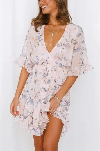 Floral Printed Ruffled Mini Dress - Pink Fashionable Lace Mini Dress