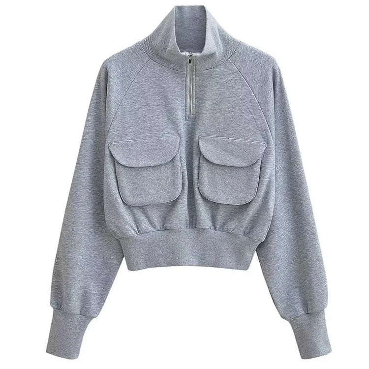 Front Pockets Grey Zip Up Sweatshirt Hoodie with Applique Textured Unique