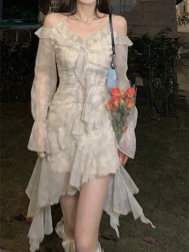 Girlary Summer Long Sleeve Floral Fairy Dress Woman Beach Elegant Party Mini Dresses Casual Vintage One Piece Dress Korean Fashion Stylish Short-Sleeve Mini Dress