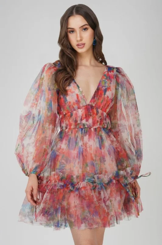 Gracelyn Mini Dress in Floral Print Elegant Satin Lace Mini Dress