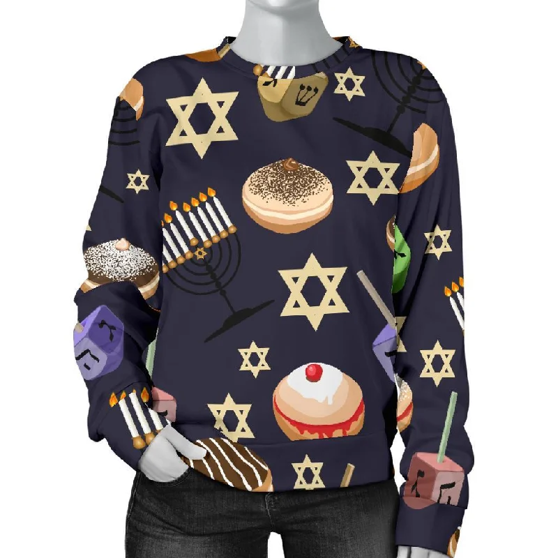 Hanukkah Black Print Pattern Women's Sweatshirt Cotton Hoodie Fleece Lining Warmth