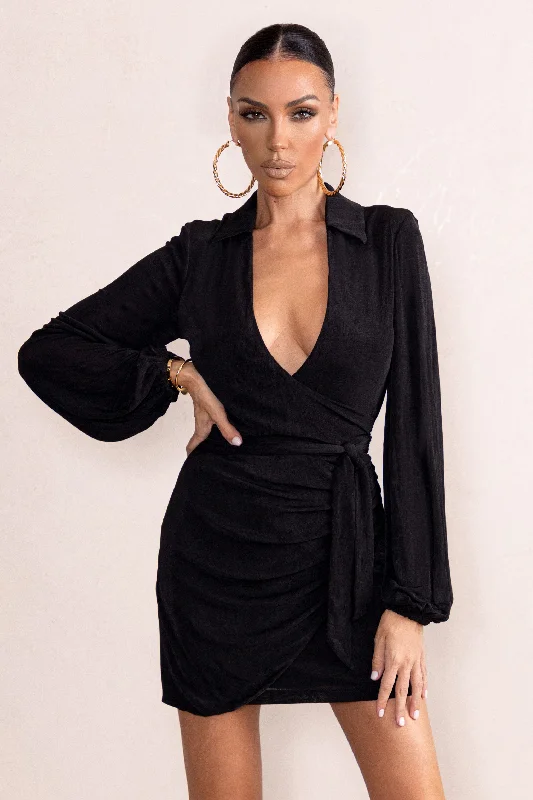 Hot Breeze | Black Plunge Neck Belt Detail Puff Sleeves Mini Dress Fashionable Off-Shoulder Mini Dress