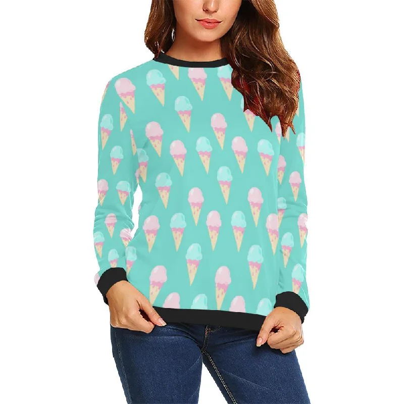 Ice Cream Cone Pastel Pattern Print Women Crewneck Sweatshirt Hoodie with Snap Buttons Easy Quick