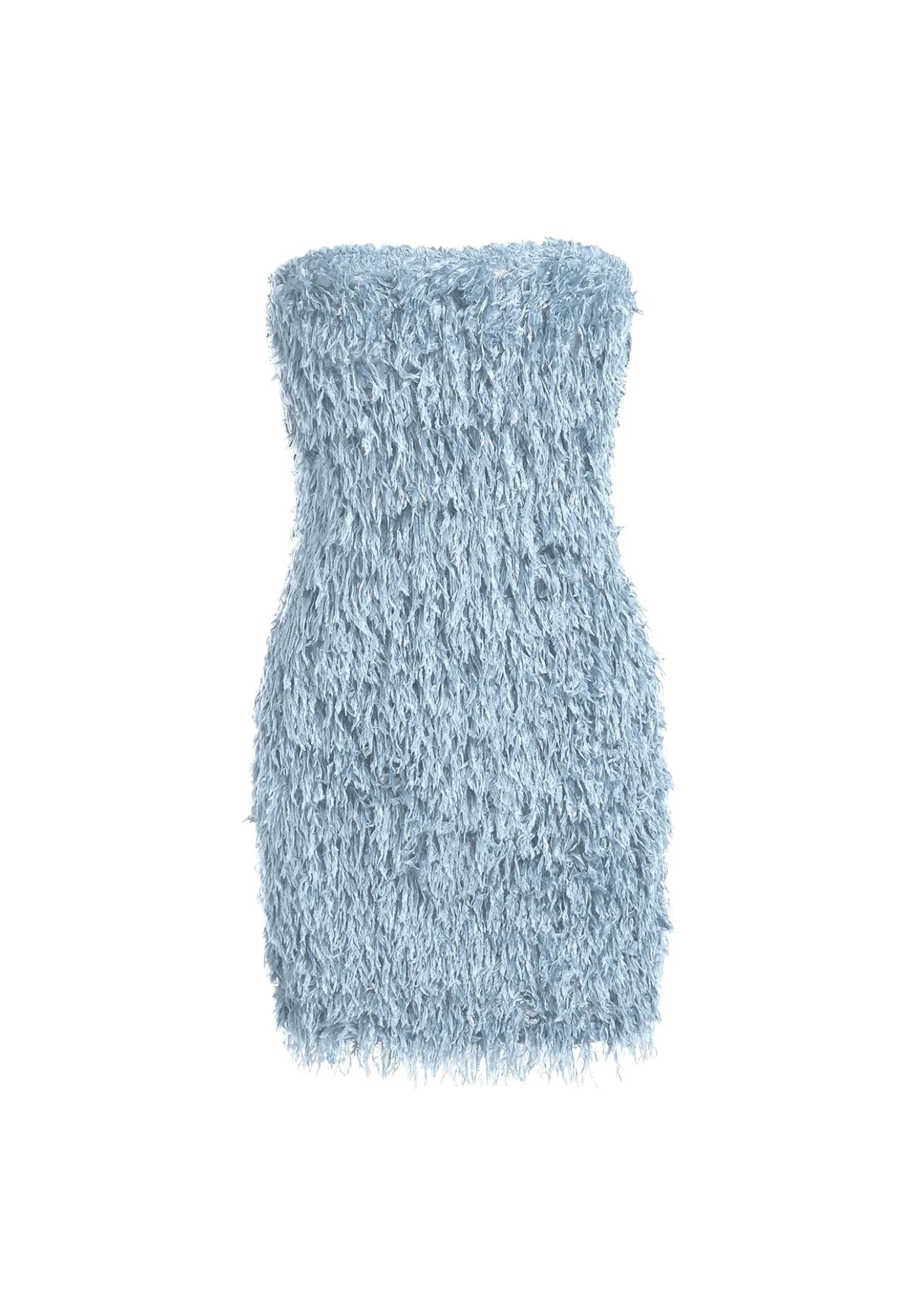 BABY BLUE FAUX FEATHER MINI DRESS Trendy Button-Detail Mini Dress