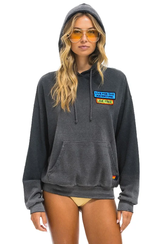 LIVE FREE + ADVENTURE PATCH PULLOVER RELAXED HOODIE - FADED SMOKE Hoodie with Ribbed Cuffs Snug Fit Comfort