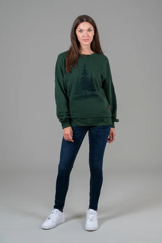 Lone Pines Print Sweatshirt Deep Forest Hoodie with Mock Neck Collared Structured