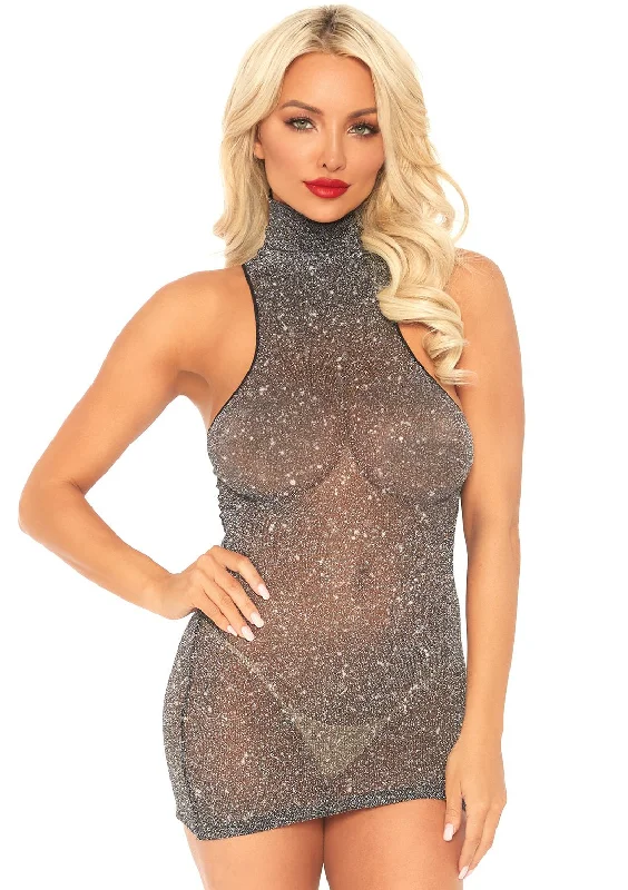 Lurex Shimmer Spandex High Neck Mini Dress - One Size - Black / Silver Fashionable Lace-Trim Mini Dress