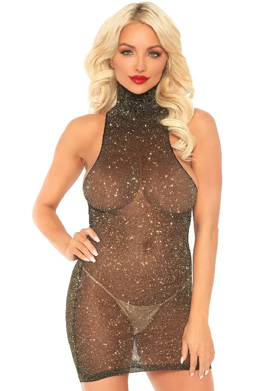 Lurex Shimmer Spandex High Neck Mini Dress - One Size - Black/gold Trendy A-Line Mini Dress