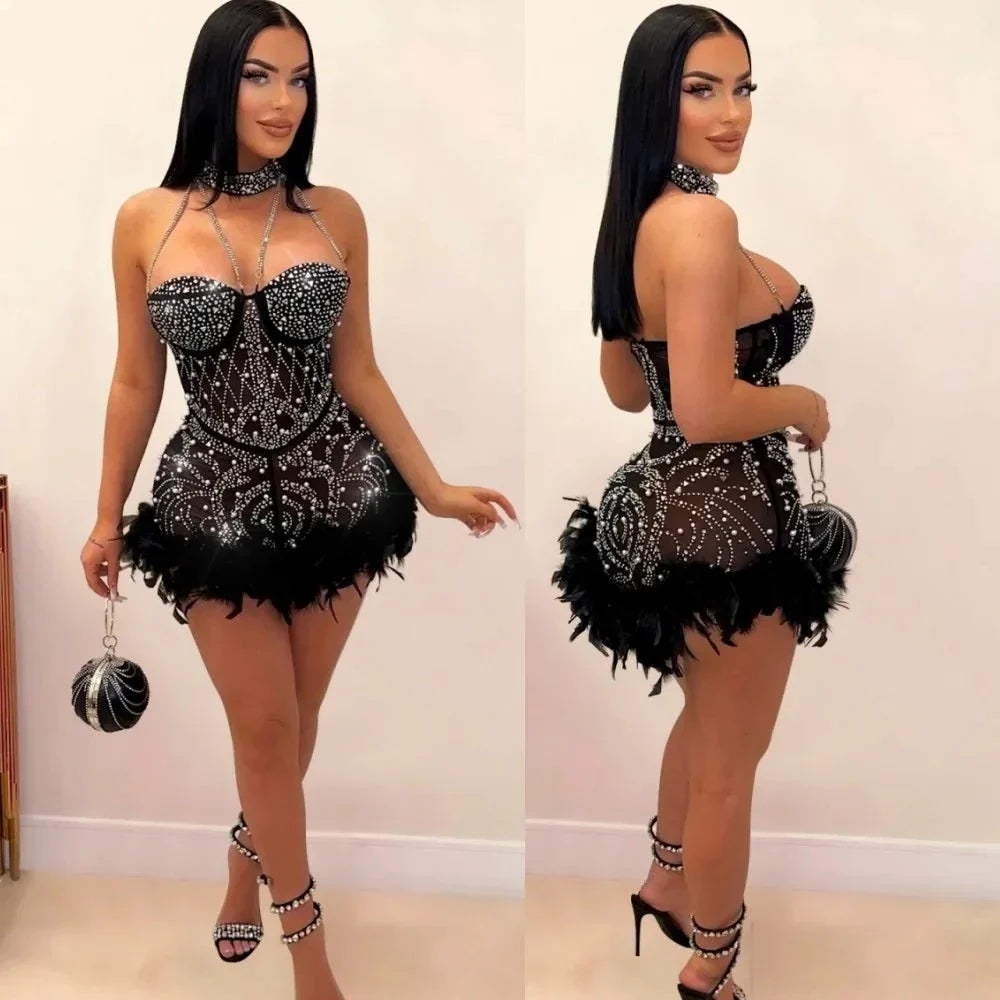 Luxury Pearls Rhinestone Beaded Prom Dresses Women Halter Chain Feathers Patchwork Mini Dress Bodycon Birthday Party Vestido Classic White Mini Dress