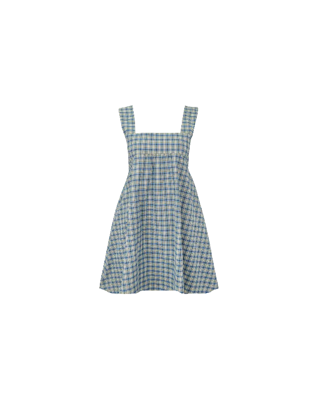 MARGIE TIE MINI DRESS BLUE YELLOW CHECK Cozy Cotton Mini Dress