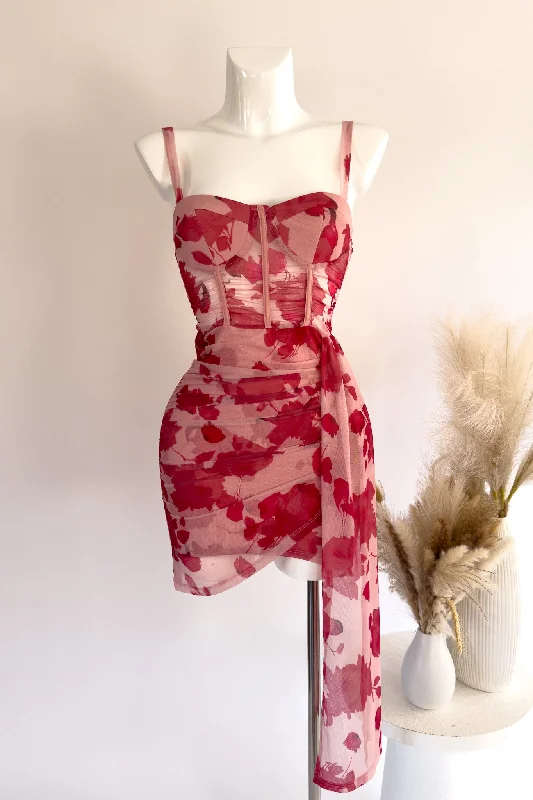 Melissa Mini Dress - Red Florals Trendy Cut-Out Mini Dress