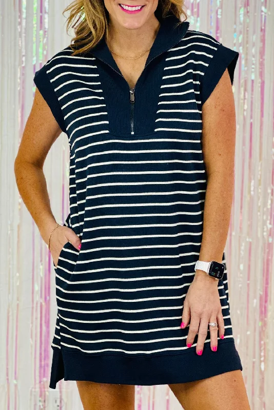 Navy Blue Striped Quarter Zip Collar Cap Sleeve Mini Dress Trendy Tie-Dye Mini Dress