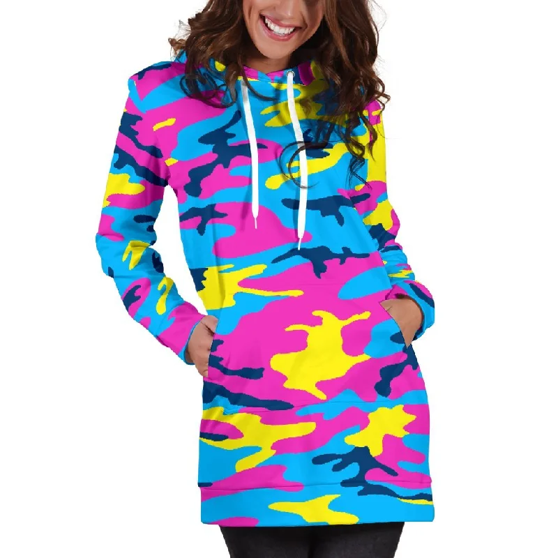 Neon Camouflage Print Pullover Hoodie Dress Hoodie with Emblem Brand Identity