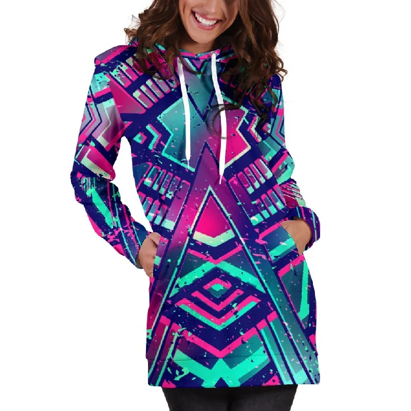 Neon Ethnic Aztec Trippy Print Pullover Hoodie Dress Hoodie Crop Top Short Trendy