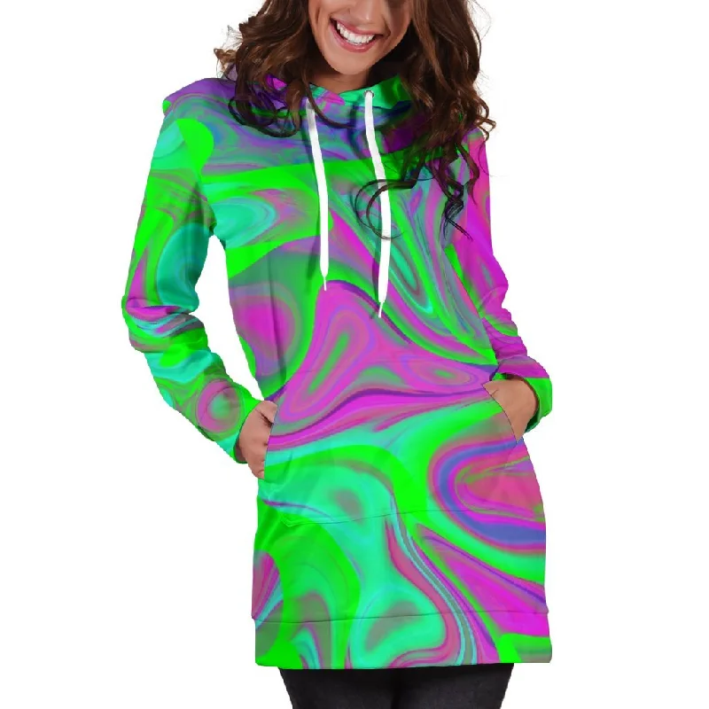 Neon Green Pink Psychedelic Trippy Print Pullover Hoodie Dress Hoodie with Belted Waist Structured Tailored