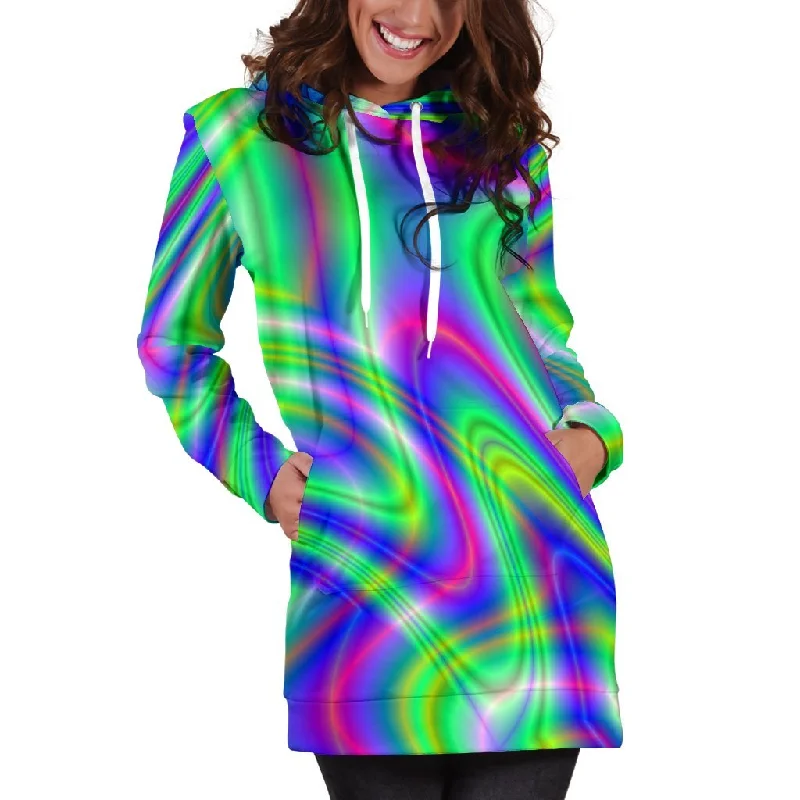 Neon Green Psychedelic Trippy Print Pullover Hoodie Dress Hoodie with High Neck Warm Protective