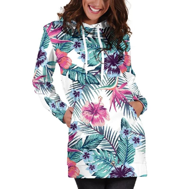 Neon Hibiscus Tropical Pattern Print Pullover Hoodie Dress Hoodie with Raglan Sleeves Sporty Comfortable