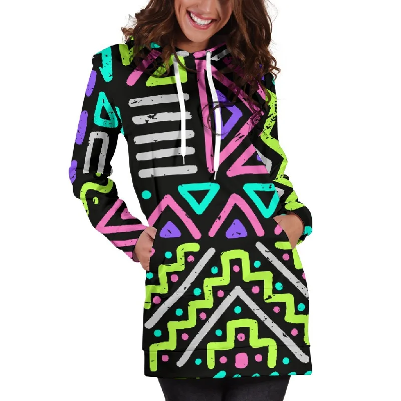 Neon Native Aztec Pattern Print Pullover Hoodie Dress Hoodie with Metallic Shiny Futuristic