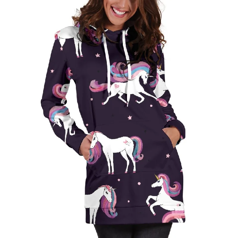 Night Girly Unicorn Pattern Print Pullover Hoodie Dress Hoodie with Lining Warm Insulated