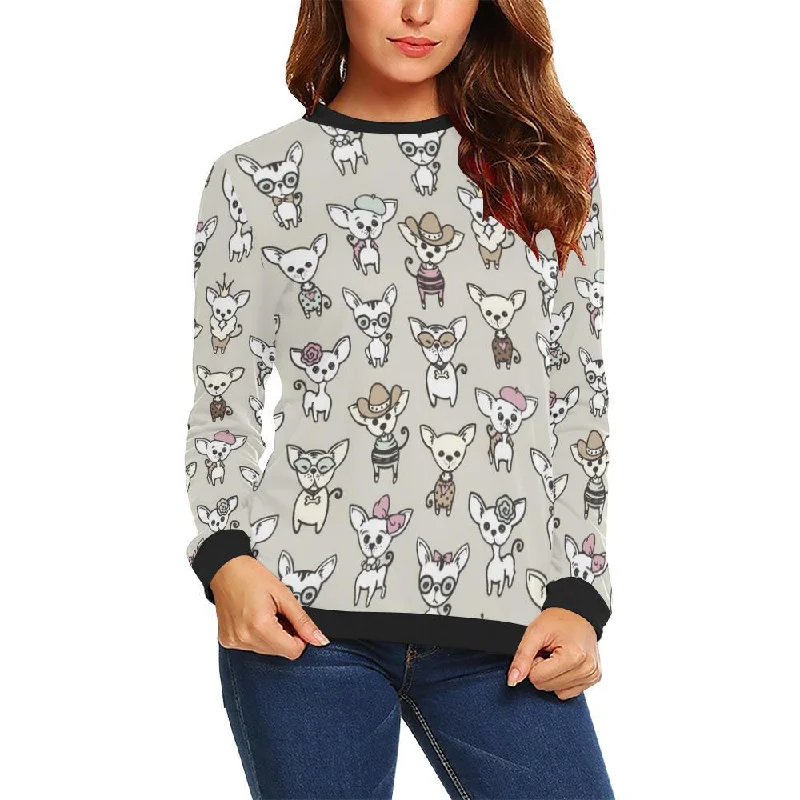 Pattern Print Chihuahua Women Crewneck Sweatshirt Hoodie with Ribbed Hem Stretchable Secure