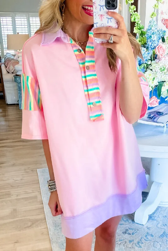 Pink Rainbow Stripe Henley Collar Patchwork Mini Dress Comfortable Fit-and-Flare Mini Dress