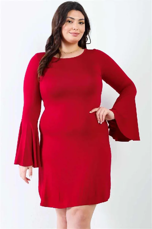 Plus Size Bell Long Sleeve Burgundy Mini Dress Fashionable Off-Shoulder Mini Dress