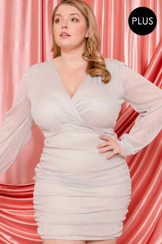 Plus Size Glitter Mesh Shirring Ivory Mini Dress Stylish Plaid Mini Dress
