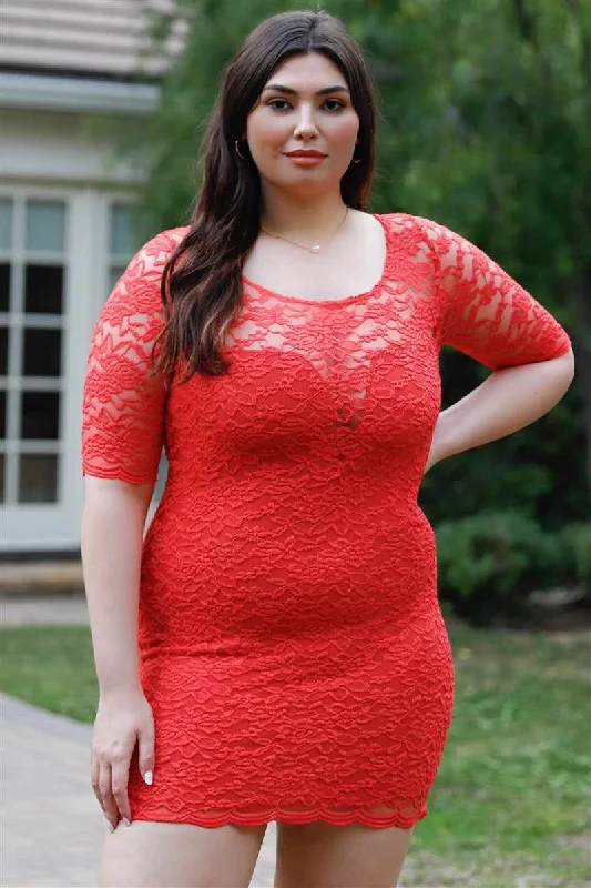 Plus Size Lace Coral Mini Dress Stylish Button-Down Mini Dress