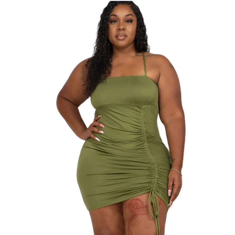 Plus Size Ruched Spaghetti Strap Mini Dress Comfortable Zip-Up Mini Dress
