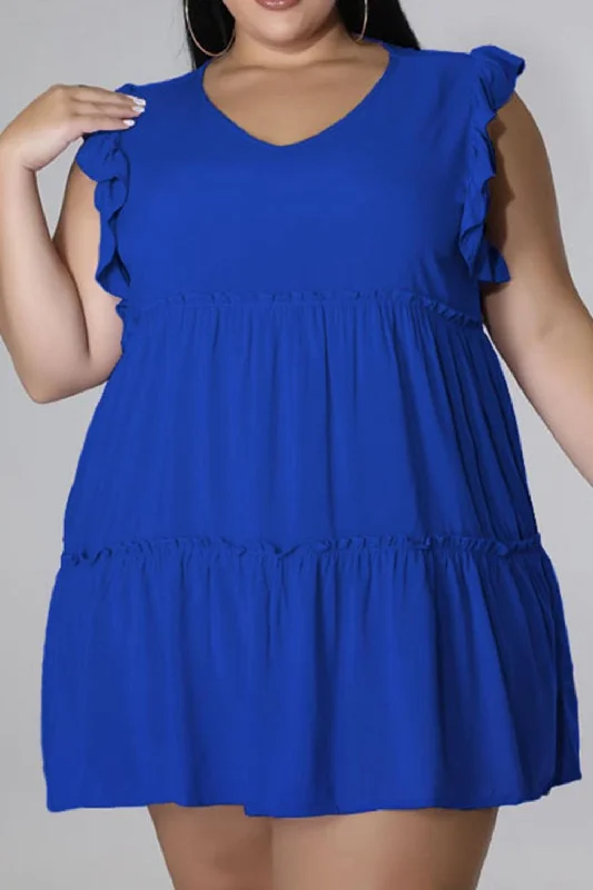 Plus Size V-Neck Frill Trim Mini Dress Stylish Plaid Mini Dress