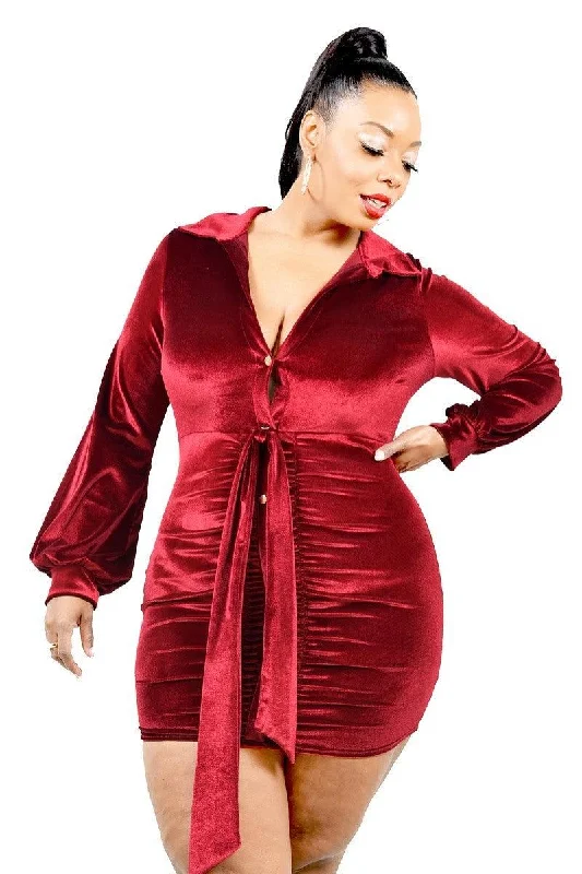 Plus Size Velvet Bishop Sleeve Burgundy Mini Dress Chic Puff Sleeve Mini Dress