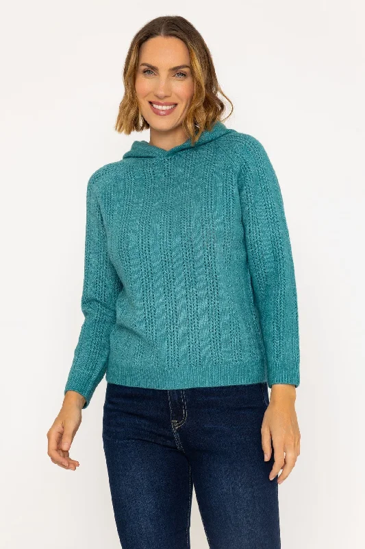 Pointelle Knit Hoody Jumper in Green Hoodie with Oversized Fit Loose Comfortable