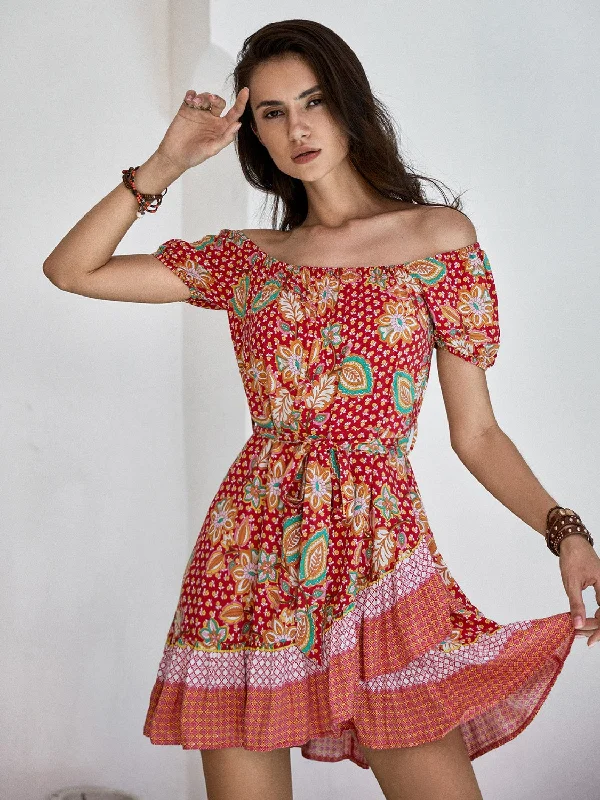Printed Short Sleeve Tie Waist Mini Dress Fashionable Party Mini Dress