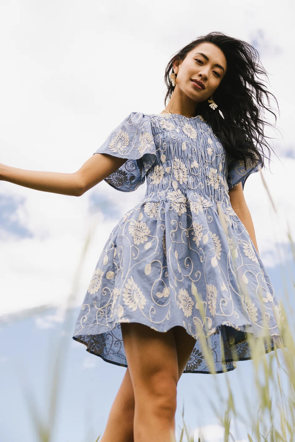 Priya Embroidered Mini Dress in Blue Comfortable Smocked Mini Dress