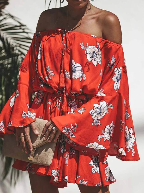 Red Flowers Printed Off Shoulder Mini Dress Elegant Velvet Mini Dress