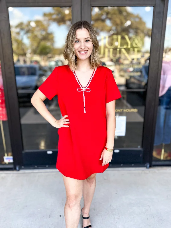 Red Bow Shift Mini Dress Cozy Ribbed Mini Dress