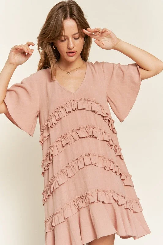 Tiered Ruffle Mini Dress - Light Mauve, Cement Grey Trendy Floral Mini Dress